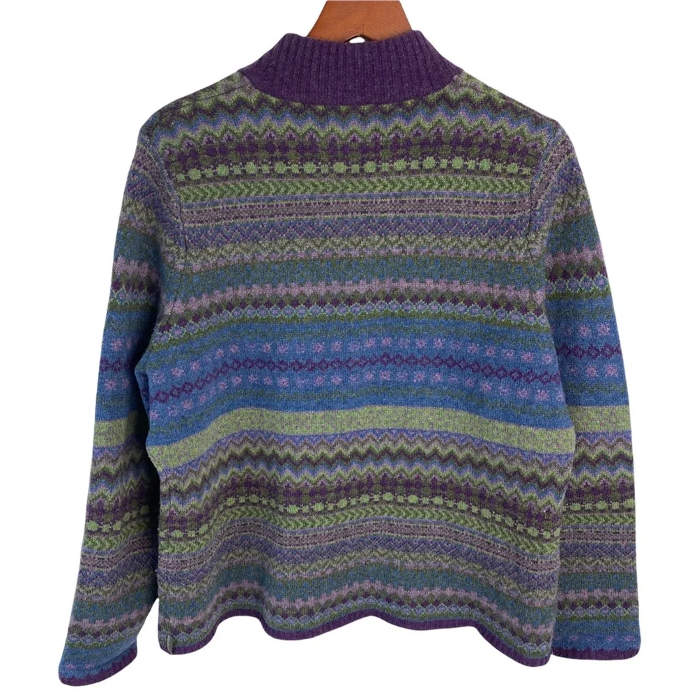 Woolrich Wool Zip Up Sweater Cardigan Womens XL Nordic Fair Isle Green Purple - Picture 5 of 9